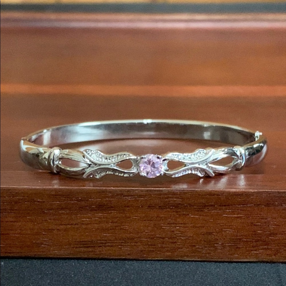 Silver tone pink stone hinge bracelet